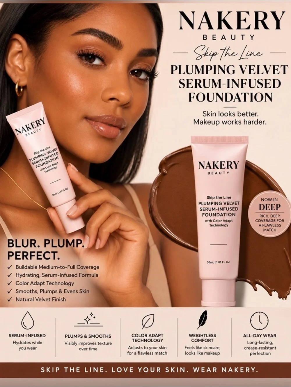 Nakery Beauty Plumping Velvet Serum-Infused Foundation - Deep (Cream) 2 Pack